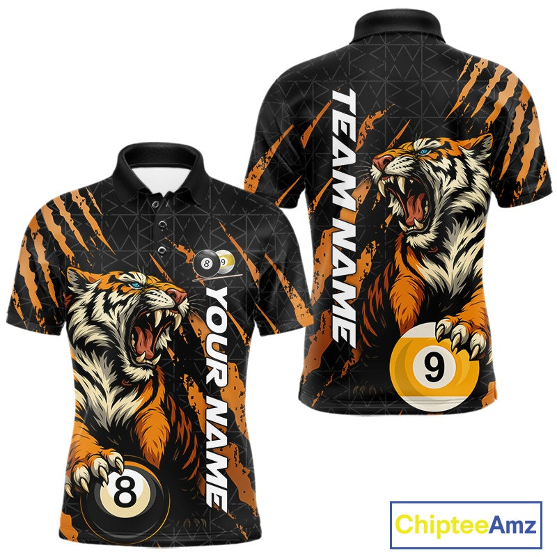 Front and back men’s Billiard polo shirt mockup featuring a roaring tiger emerging through orange claw marks while gripping billiard balls.