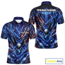 Load image into Gallery viewer, Front and back men’s bowling polo shirt mockup with eagle artwork around a bowling ball, flowing flag elements, and bowling pins.