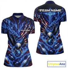 Load image into Gallery viewer, Front and back women’s bowling quarter zip mockup featuring an eagle surrounding a bowling ball with flowing flag elements and pins.