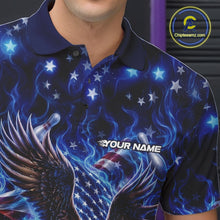 Load image into Gallery viewer, Close up left chest view of a bowling polo shirt featuring an eagle reaching toward a bowling ball with flag details, pins, and blue flames.