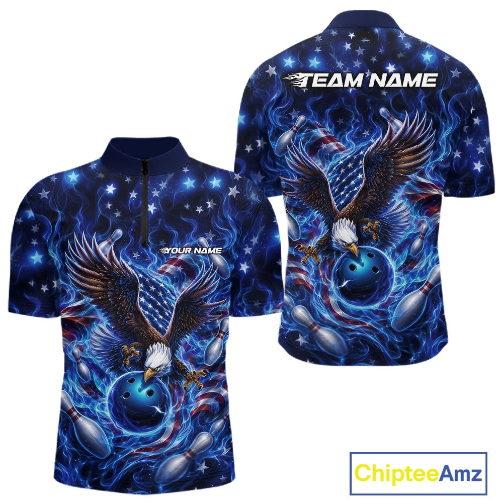 Front and back men’s bowling quarter zip shirt mockup with an eagle reaching toward a bowling ball, framed by flag elements, pins, and blue flames.