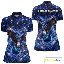 Load image into Gallery viewer, Front and back women’s bowling quarter zip mockup with an eagle reaching toward a bowling ball, framed by flag elements, pins, and blue flames.