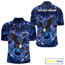Load image into Gallery viewer, Front and back men’s bowling quarter zip shirt mockup with an eagle reaching toward a bowling ball, framed by flag elements, pins, and blue flames.