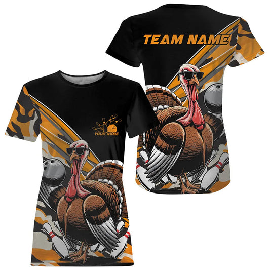 Yellow Camo Custom Funny Turkey Bowling Women T-Shirts, Thanksgiving Bowling Tournament IPHW7881