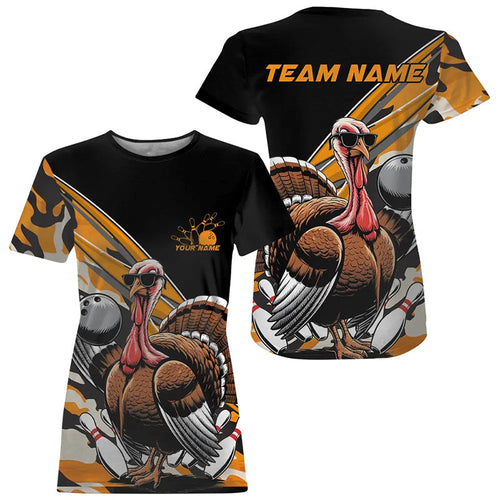 Yellow Camo Custom Funny Turkey Bowling Women T-Shirts, Thanksgiving Bowling Tournament IPHW7881