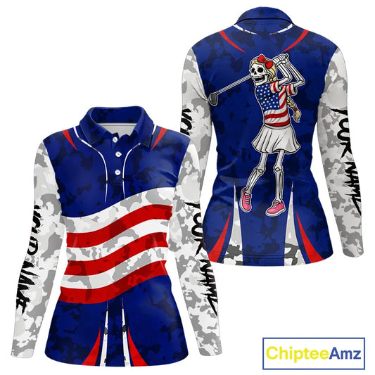 USA flag camo golf outfits funny skull golf polo shirts for Women custom patriotic golf shirts ladies NQS11400