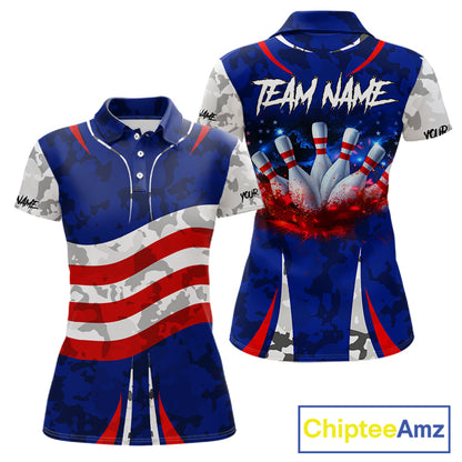 Camo American flag bowling jersey custom Women bowling polo, 1/4 zip shirts, bowling league shirts NQS11401