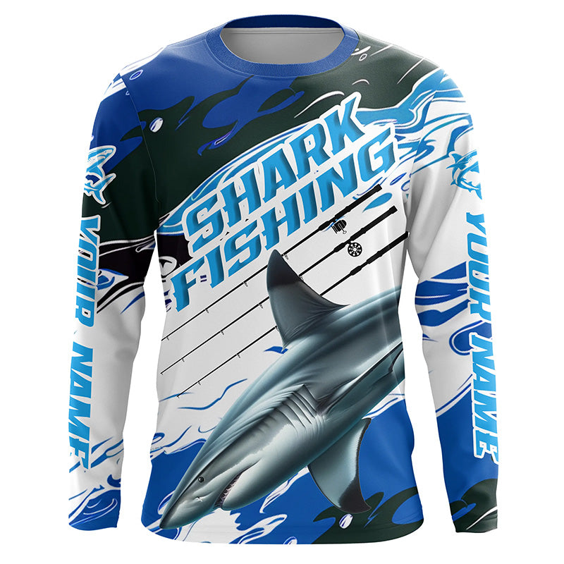 Blacktip Shark Fishing Custom Long Sleeve Performance Shirts, Shark Fishing Apparel | Blue Camo IPHW6289