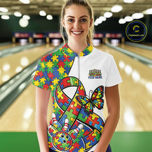 Load image into Gallery viewer, Custom Colorful Autism Awareness Butterfly Ribbon Bowling Women Shirt, Puzzles Jersey IPHW11201