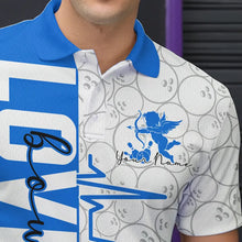 Load image into Gallery viewer, White And Blue Custom Love Bowling Polo Shirts For Men, Valentines Couple Bowling Jerseys IPHW8326