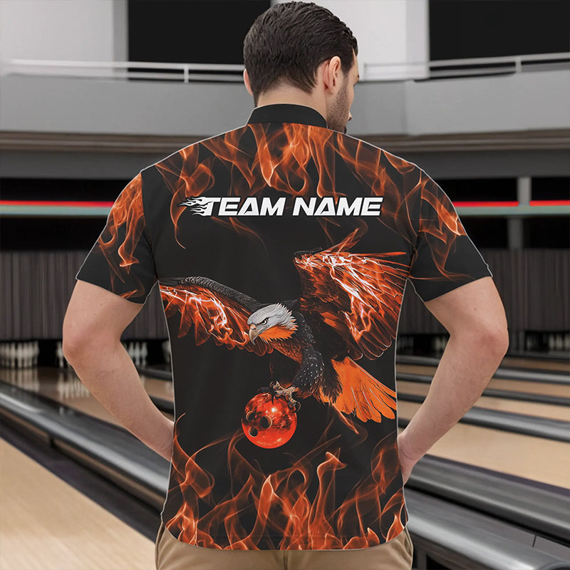 Custom Black And Orange Flame Eagle Bowling Team Men Quarter-Zip Shirts, Eagle Bowling League Shirt IPHW8799