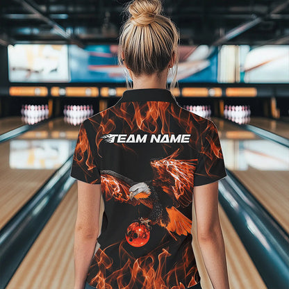 Custom Black And Orange Flame Eagle Bowling Women Quarter-Zip Shirts, Bowling League Shirt IPHW8799
