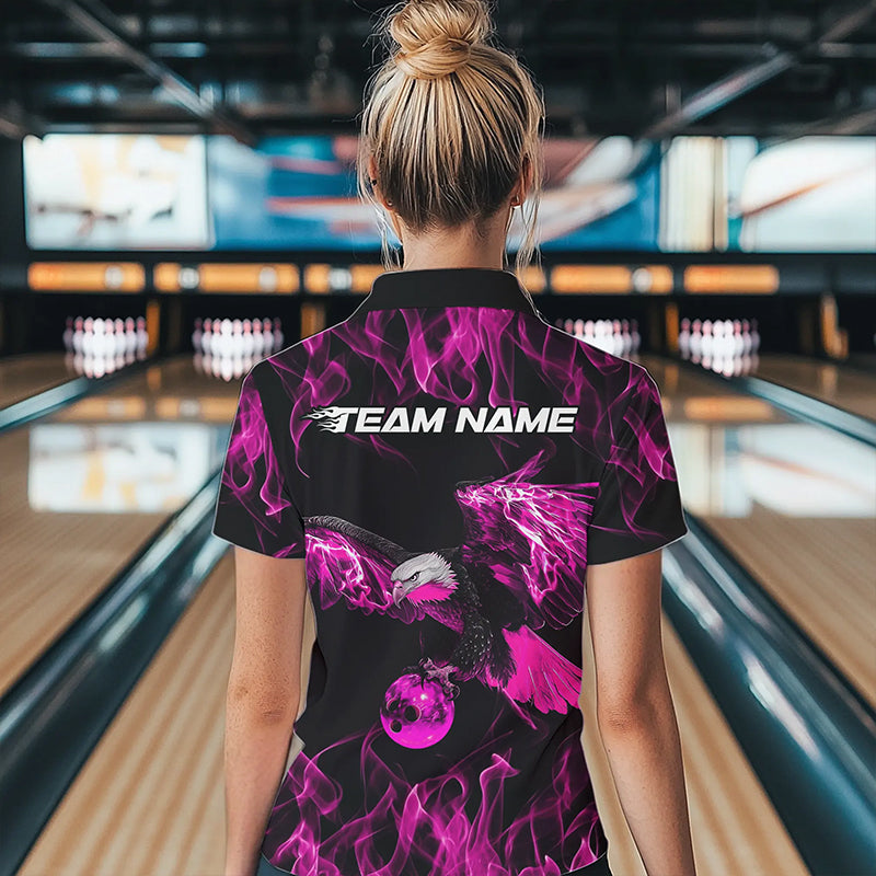 Custom Black And Pink Flame Eagle Bowling Team Women Polo Shirt, Eagle Bowling League Shirt IPHW8800