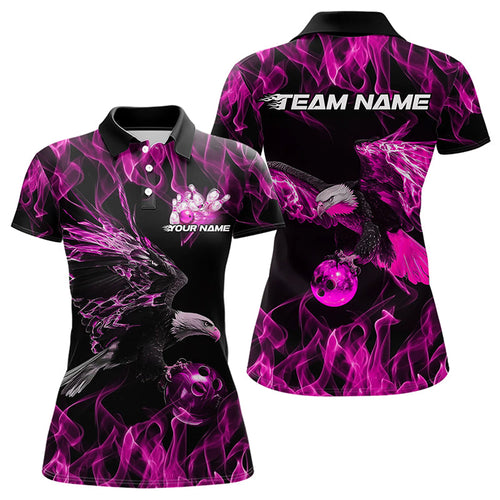 Custom Black And Pink Flame Eagle Bowling Team Women Polo Shirt, Eagle Bowling League Shirt IPHW8800