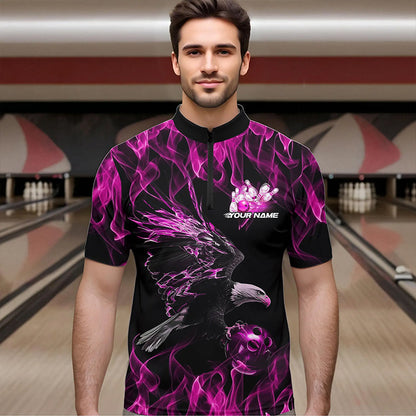 Custom Black And Pink Flame Eagle Bowling Team Men Quarter-Zip Shirts, Eagle Bowling League Shirt IPHW8800