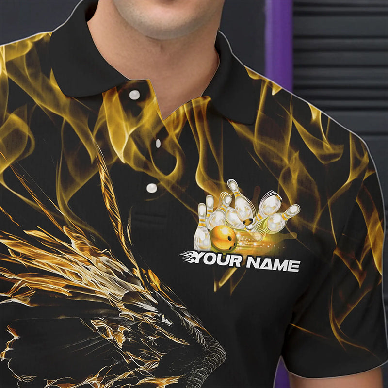 Custom Black And Gold Flame Eagle Bowling Team Men Polo Shirts, Eagle Bowling League Shirt IPHW8801