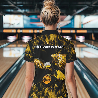 Custom Black And Gold Flame Eagle Bowling Team Women Polo Shirt, Eagle Bowling League Shirt IPHW8801