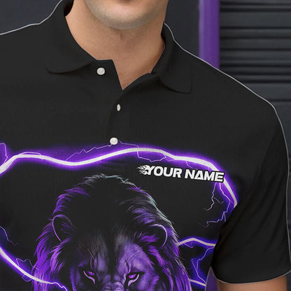 Custom Black And Purple Thunder Lightning Lion Bowling Polo Shirts For Men, Team Uniform IPHW8802