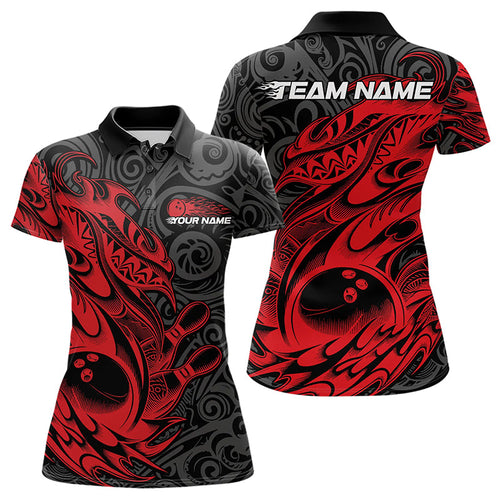 Custom Black And Red Tribal Polynesian Bowling Team Women Polo Shirts, Niho Mano Bowling IPHW8811