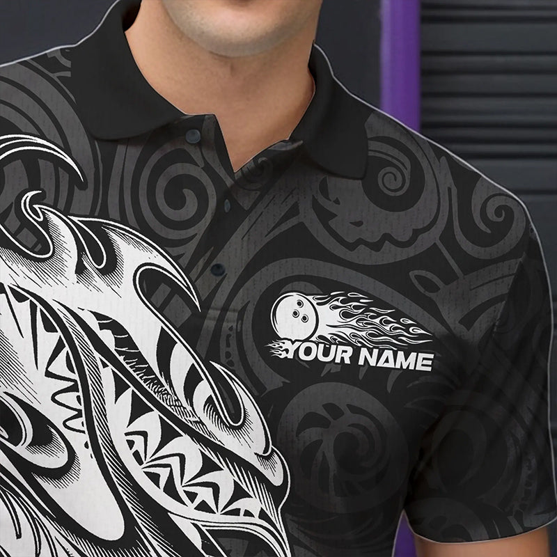 Custom Black And White Tribal Polynesian Bowling Team Men Polo Shirts, Niho Mano Bowling Shirt IPHW8812