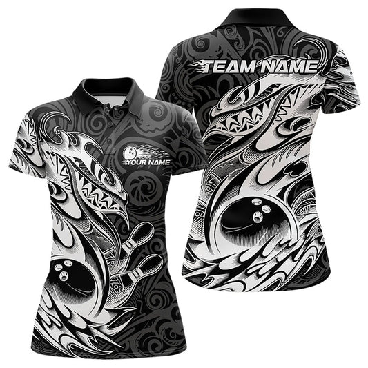 Custom Black And White Tribal Polynesian Bowling Women Polo Shirts, Niho Mano Bowling Shirt IPHW8812