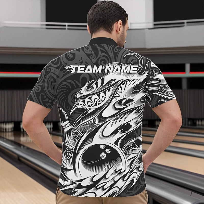 Custom Black And White Tribal Polynesian Bowling Team Men Quarter-Zip Shirts, Niho Mano Bowling IPHW8812