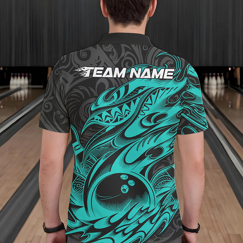 Custom Black And Blue Tribal Polynesian Bowling Team Men Polo Shirts, Niho Mano Bowling Shirt IPHW8813