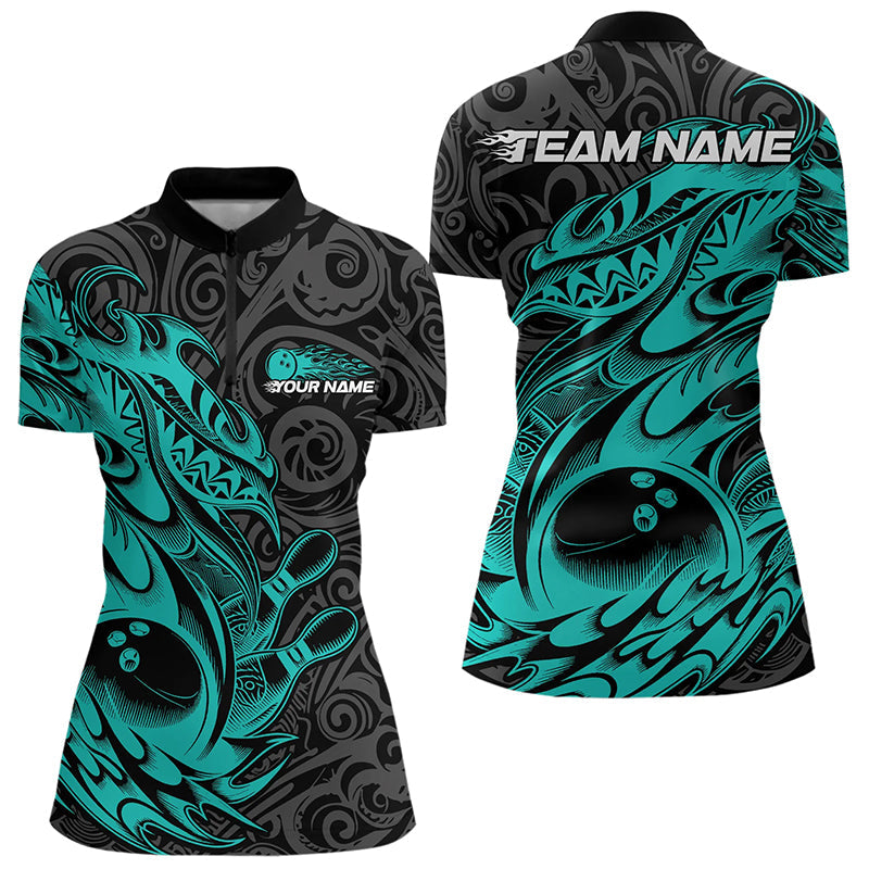 Custom Black And Blue Tribal Polynesian Bowling Team Women Quarter-Zip Shirts Team Uniform IPHW8813