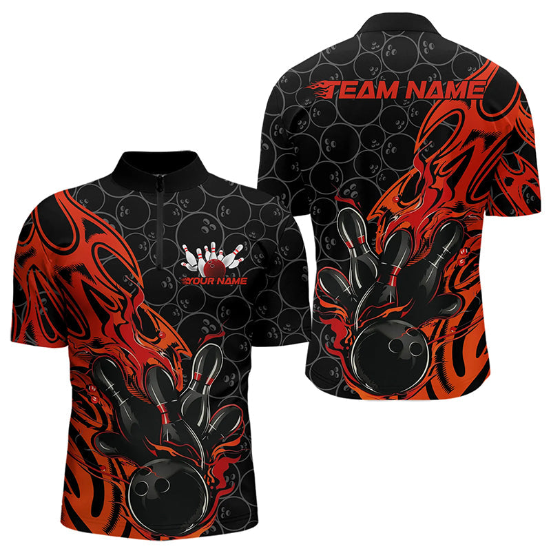 Custom Black And Red Tribal Flame Bowling Team Men Quarter-Zip Shirts, Bowling Pattern Outfits IPHW8814
