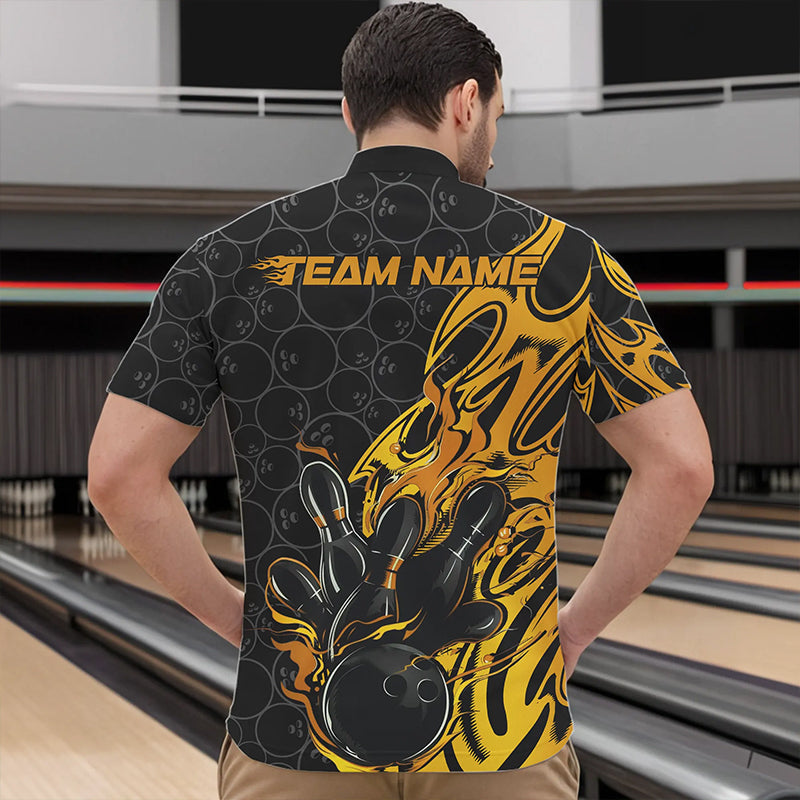 Custom Black And Yellow Tribal Flame Bowling Team Men Quarter-Zip Shirts, Bowling Pattern Outfits IPHW8815
