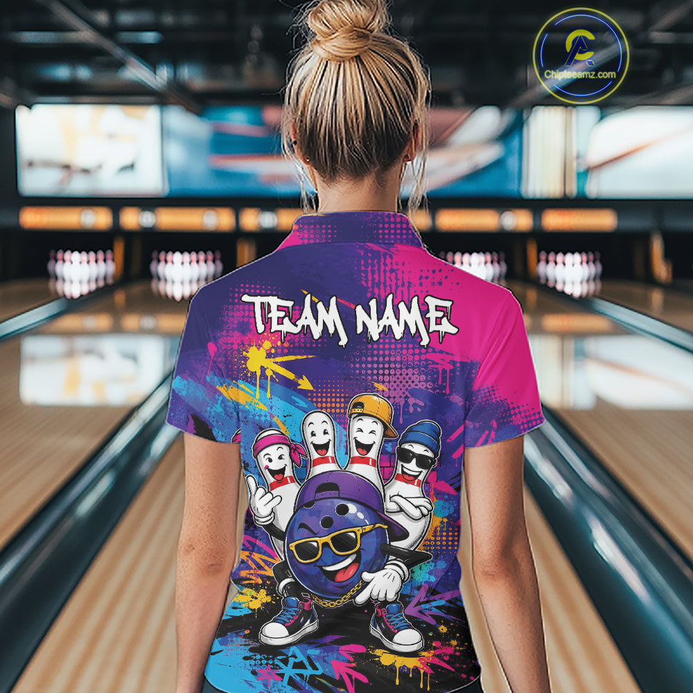 Custom Funny Colorful Hiphop Bowling Women Polo Team Shirt, Graffity Bowling Jerseys IPHW11801