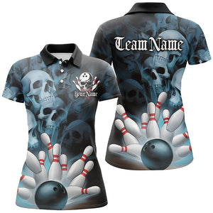 Black And Blue Custom Skull Ladies Bowling Shirts, Gothic Bowling Team Halloween Outfits IPHW7671