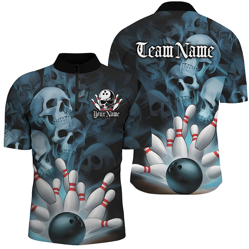 Black And Blue Custom Skull Bowling Shirts For Men, Gothic Bowling Team Shirt Halloween Outfits IPHW7671