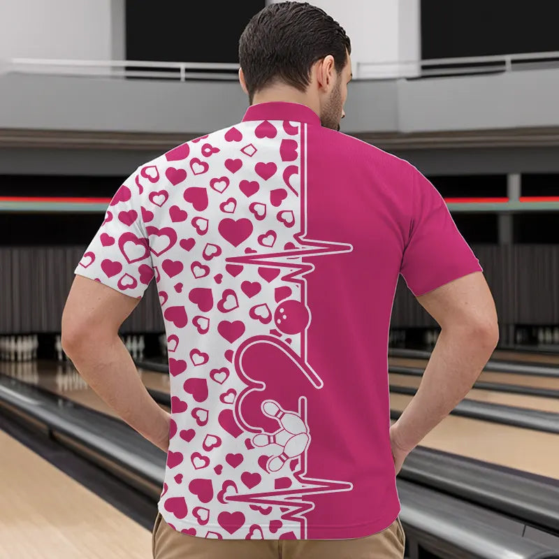 Pink Bowling Heartbeat Pulse Line Custom Valentines Day Bowling Quarter-Zip Shirts For Men IPHW8332