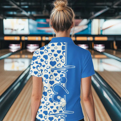 Blue Bowling Heartbeat Pulse Line Custom Valentines Day Bowling Polo Shirts For Women IPHW8333