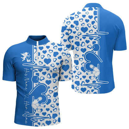 Blue Bowling Heartbeat Pulse Line Custom Valentines Day Bowling Quarter-Zip Shirts For Men IPHW8333