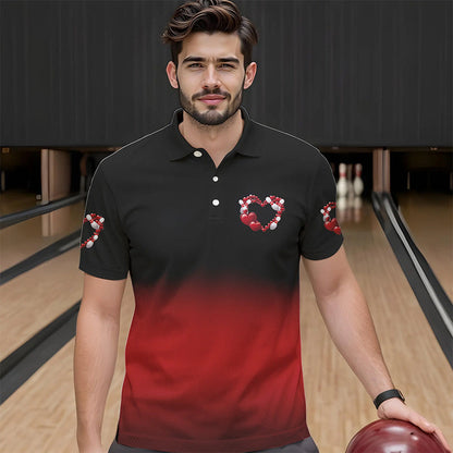 Black And Red Custom Valentines Day Bowling Polo Shirts For Men, Bowling Couple Shirt IPHW8334