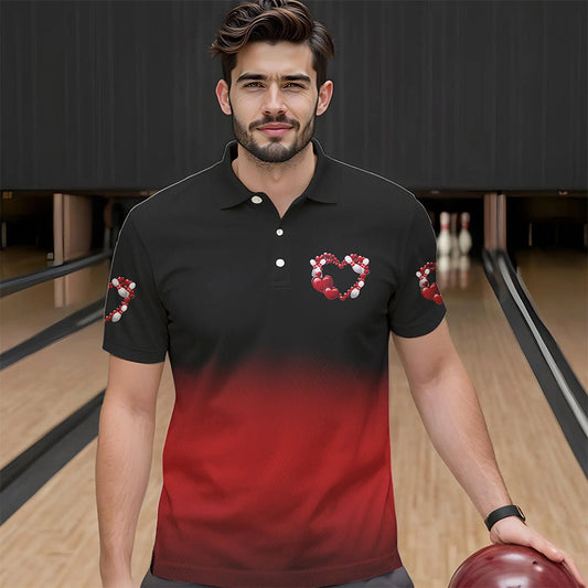 Black And Red Custom Valentines Day Bowling Polo Shirts For Men, Bowling Couple Shirt IPHW8334