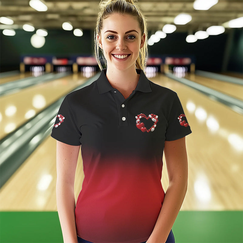 Black And Red Custom Valentines Day Bowling Polo Shirts For Women, Bowling Couple Shirt IPHW8334