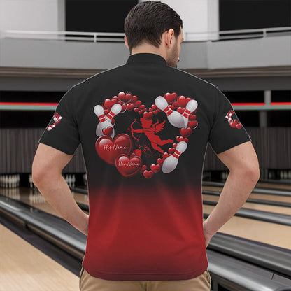 Black And Red Custom Valentines Day Bowling Quarter-Zip Shirts For Men, Bowling Couple Shirt IPHW8334