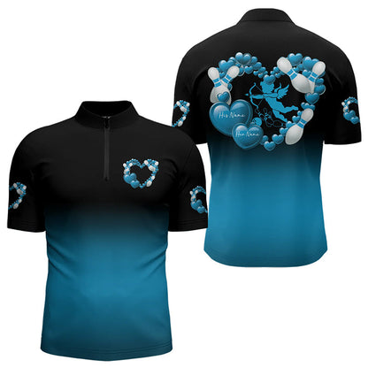 Black And Blue Custom Valentines Day Bowling Quarter-Zip Shirts For Men, Bowling Couple Shirt IPHW8335