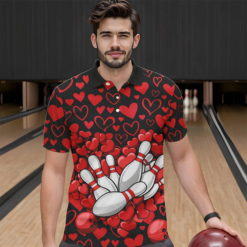 Black And Red Heart Theme Custom Valentines Bowling Polo Shirt For Men, Couple Bowling Shirt IPHW8336