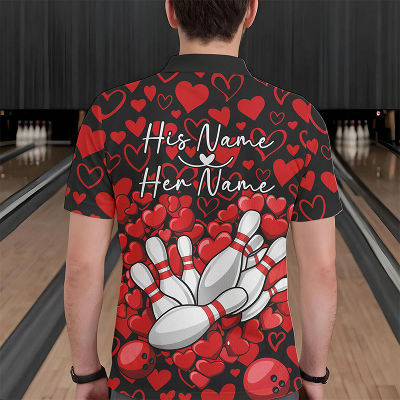 Black And Red Heart Theme Custom Valentines Bowling Polo Shirt For Men, Couple Bowling Shirt IPHW8336