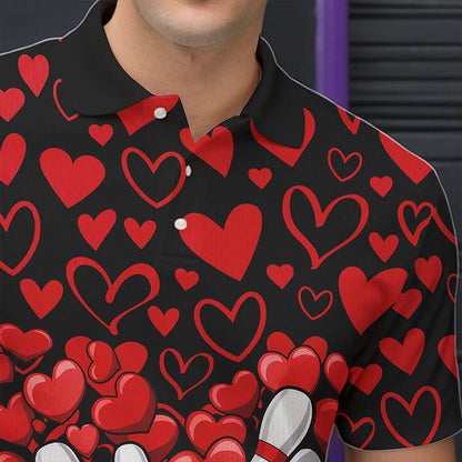 Black And Red Heart Theme Custom Valentines Bowling Polo Shirt For Men, Couple Bowling Shirt IPHW8336