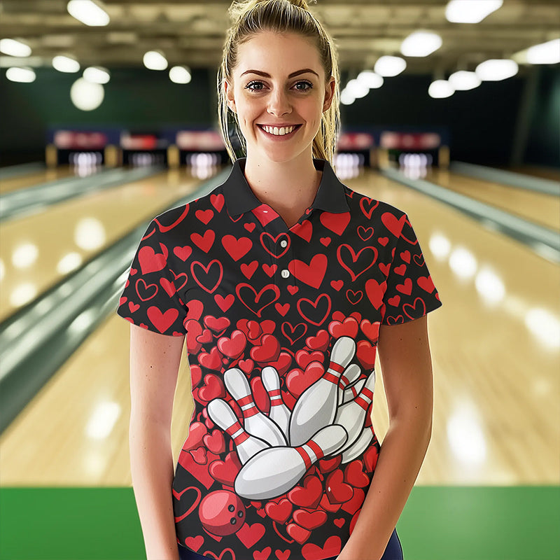 Black And Red Heart Custom Valentines Bowling Polo Shirt For Women, Couple Bowling Shirt IPHW8336