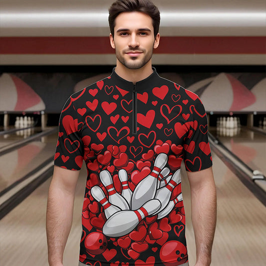 Black And Red Heart Theme Custom Valentines Bowling Quarter-Zip Shirt For Men, Couple Bowling Shirt IPHW8336