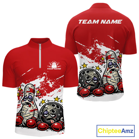 Front and back view of a men’s quarter-zip bowling shirt mockup in red and white, featuring boxing-style bowling ball and pin illustration.