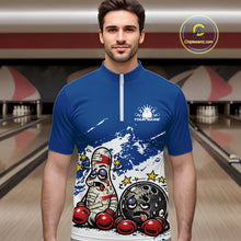 Load image into Gallery viewer, Custom Funny Boxing Bowling Men Quarter-Zip Shirt, Blue Grunge Bowling Team Tournament Jersey IPHW11221