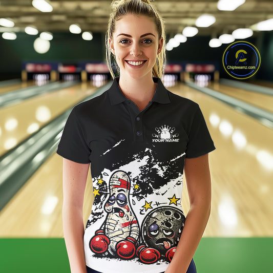 Female model at a bowling lane wearing a black and white polo shirt, playful boxing bowling strike artwork with bold contrast design.