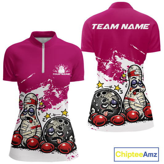 Front and back view of a women’s quarter-zip bowling shirt mockup in pink and white, featuring playful boxing-style bowling ball and pin design.